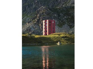 Ein roter Turm in grün-felsiger Landschaft: Auf 2300 Metern über Meer steht das neue Juliertheater.
