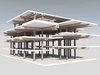 Die Tragkonstruktion besteht aus Betonstützen und Brettschichtholzträgern, die mit Bolzen seitlich an den Stützen befestigt sind. Darüber ist eine Holz-Beton-Verbunddecke abgestützt.
