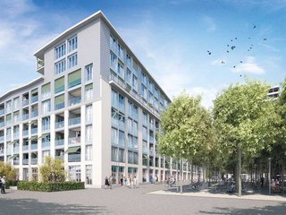 Visualisierung. Ein städtisches Wohngebäude mit deutlichen Elementen von einstigen Industriehallen: ein massiver Sockel mit einem Aufsatz aus Metall.

