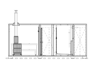 Vertikalschnitt A: Links ist die finnische Sauna mit Pritschen. Es folgen Entrée, Dusche und Technik. 
