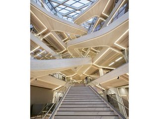 Die organisch angelegte Treppe schafft eindrucksvolle Raumperspektiven. Lichtbänder setzen die «Skulptur» effektvoll in Szene.
